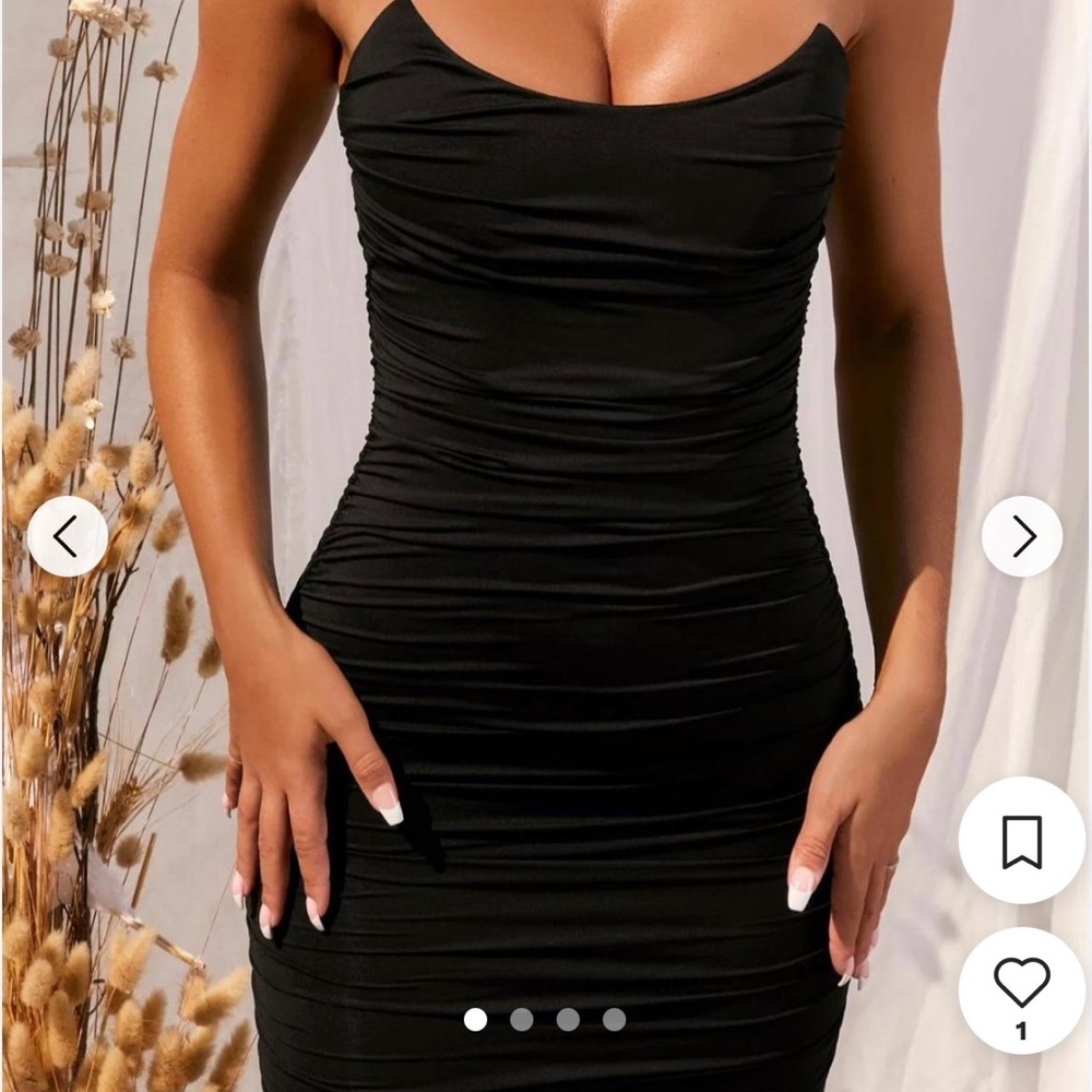 Strapless, cowl neck, black Oh Polly mini dress.